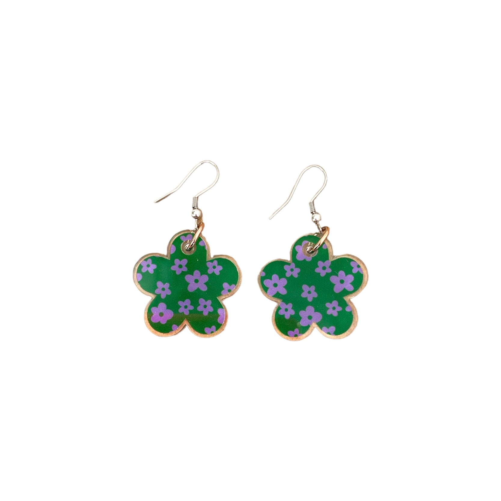 CLEARANCE - Flower Drop Earrings Green & Purple