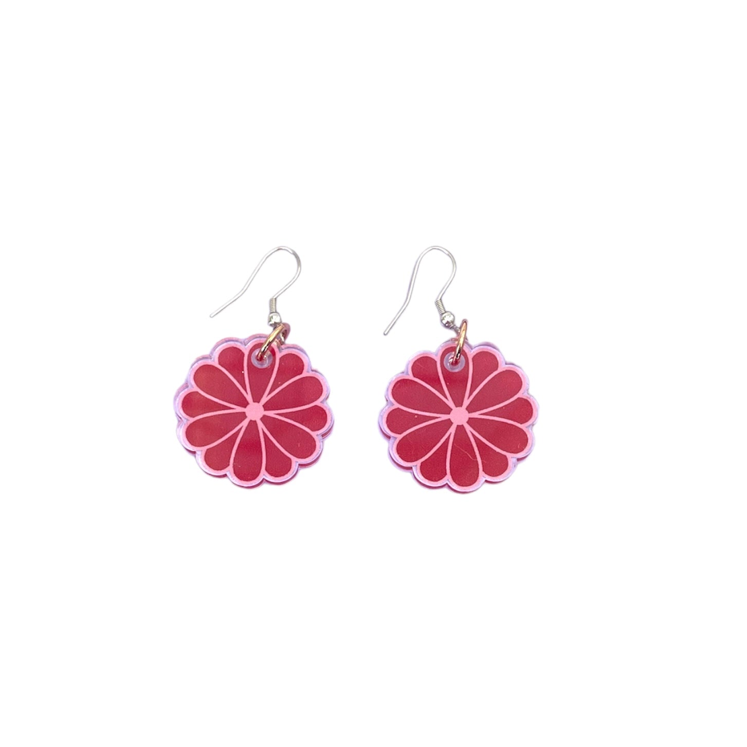 CLEARANCE - Pom Pom Flower Drop Earrings Red & Pink