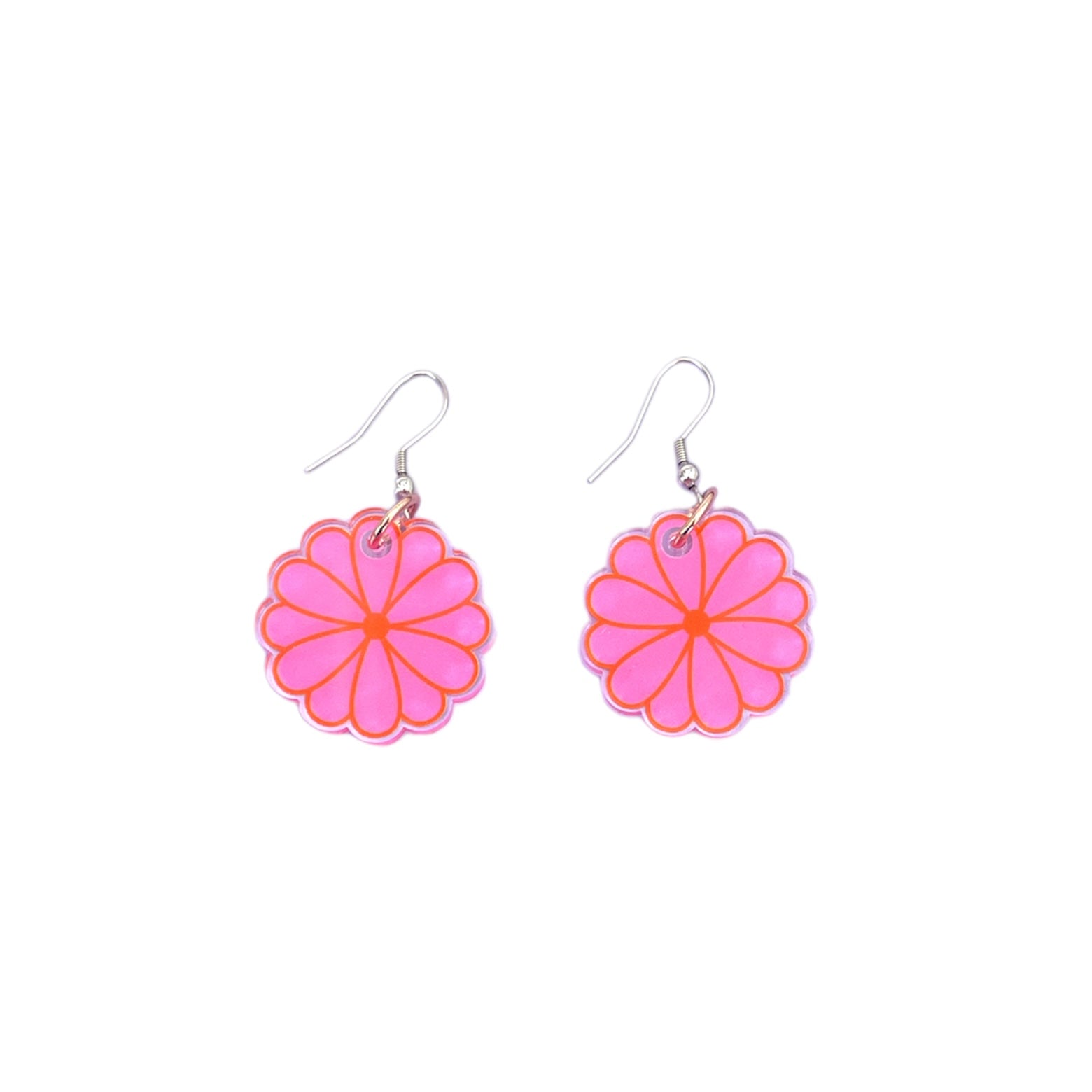 CLEARANCE - Pom Pom Flower Drop Earrings Pink & Orange