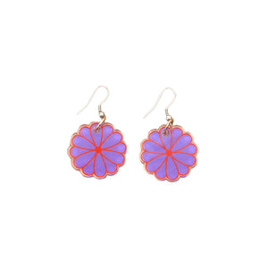 CLEARANCE - Pom Pom Flower Drop Earrings Purple & Red