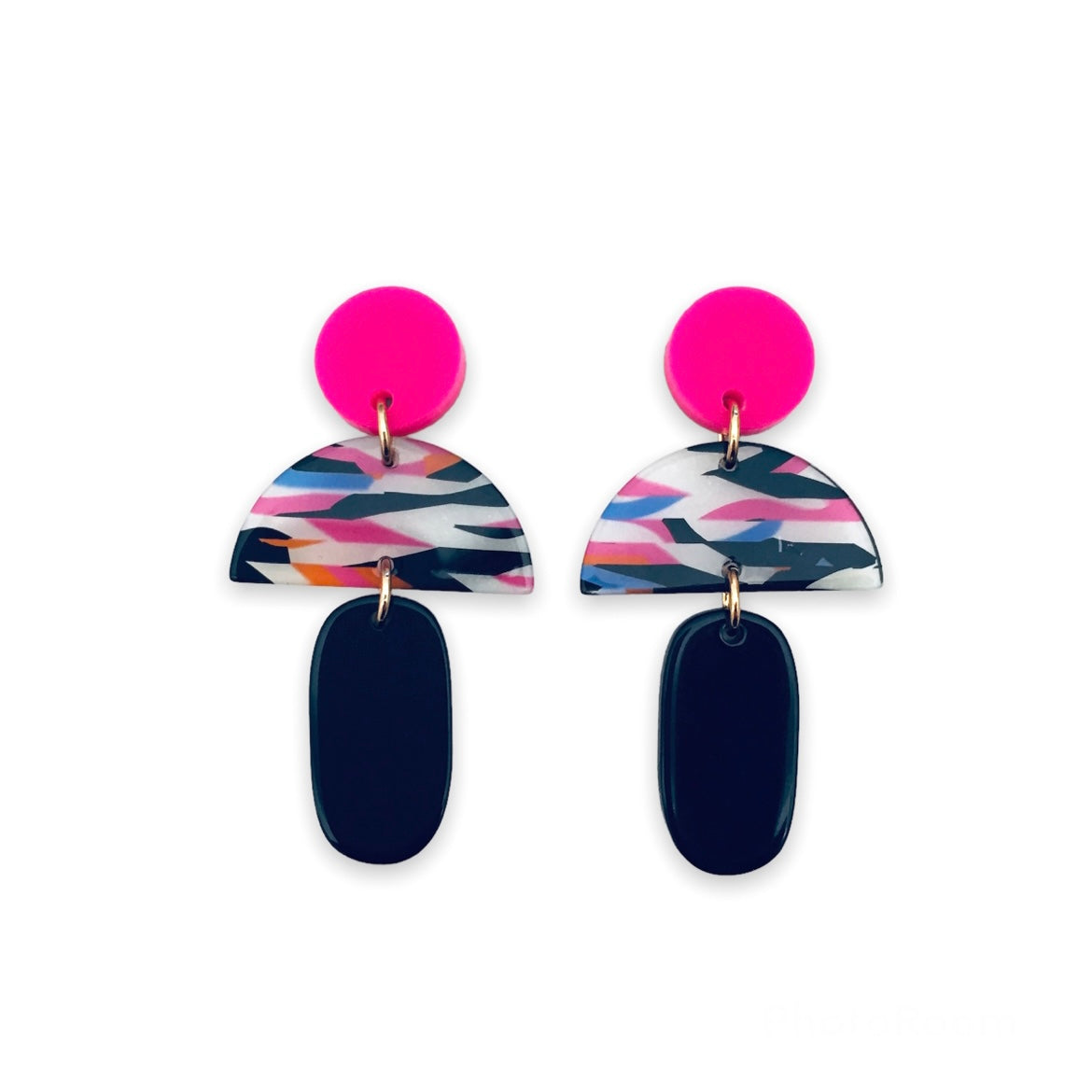 Podium Drop Earrings - Mixed Pattern Hot Pink & Black